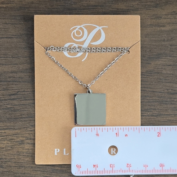 Square Disc Silvertone Pendant Necklace by Plunder - Picture 3 of 3